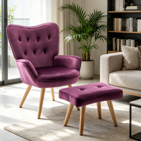 Purple Velvet Relax Armchair with Matching Footstool